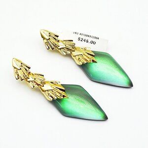ALEXIS BITTAR Gold Plated Green Iridescent Lucite & Crystals Dangle Earrings